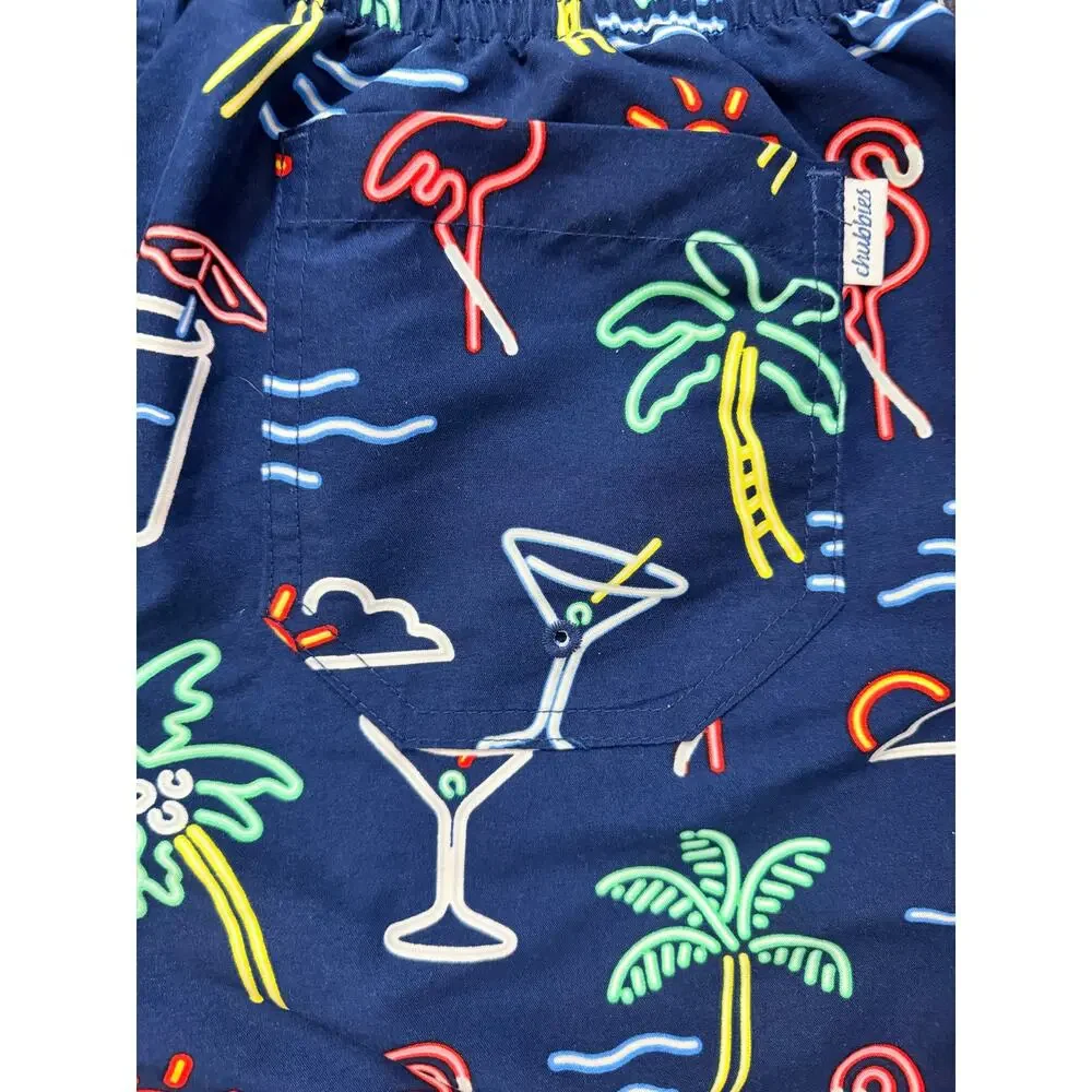 Chubbies Men’s M Neon Flamingo Palm Tree Tropical Swim Trunks Navy - M - EUC